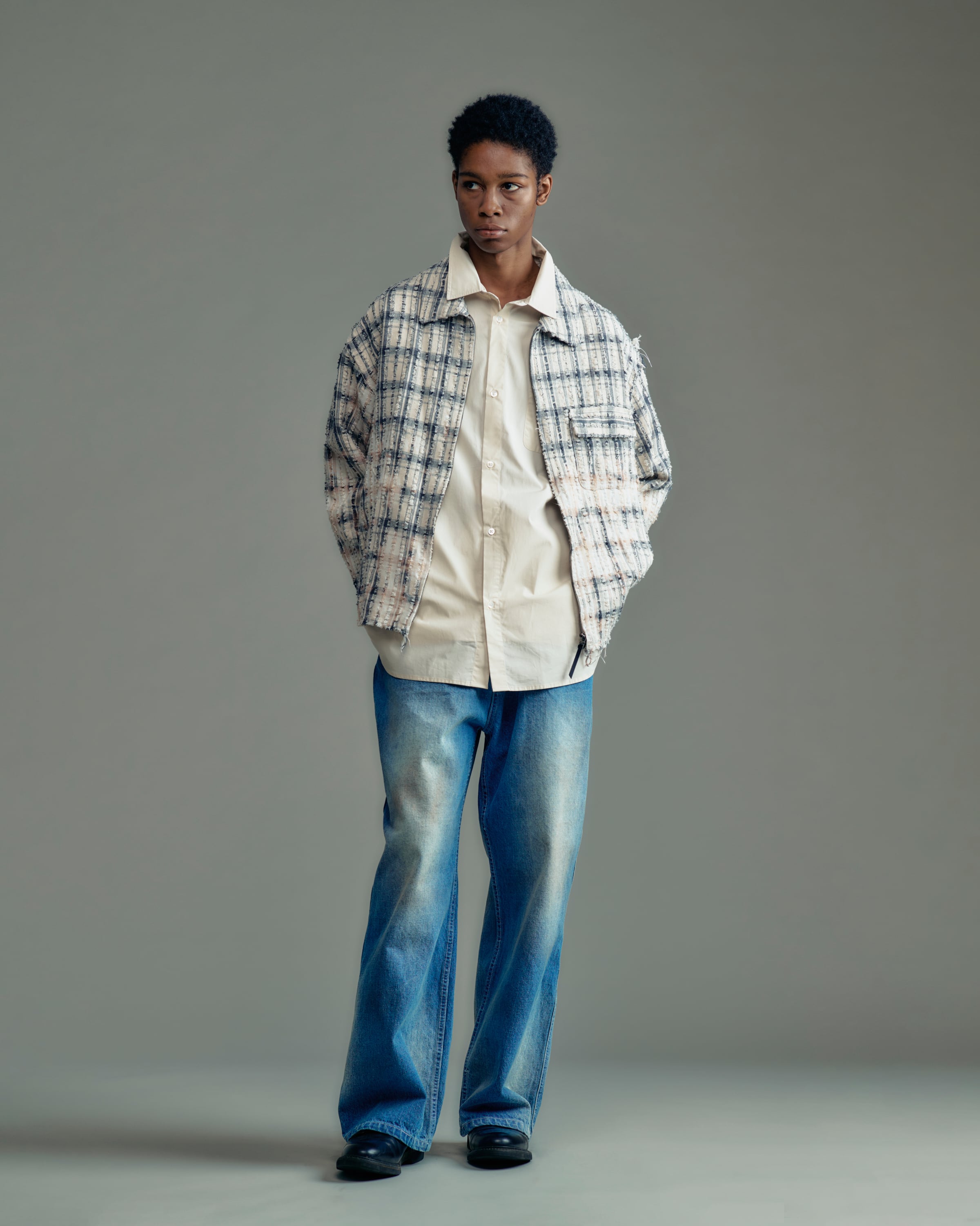 ADAM PATEK short length bleached check zipup shirt (WHT) AP2615012