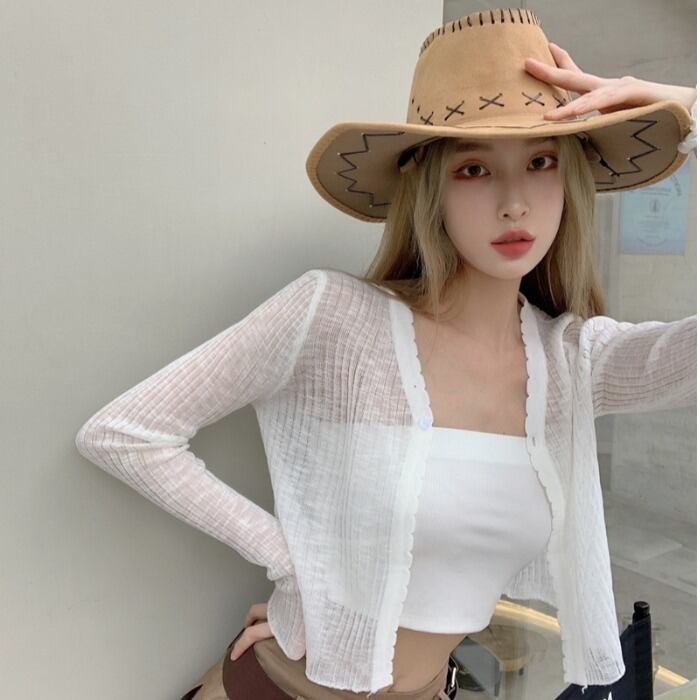薄手ホワイトニットカーディガントップス サマールーズショートジャケット ロング 夏物 ガールズファッション84960980019