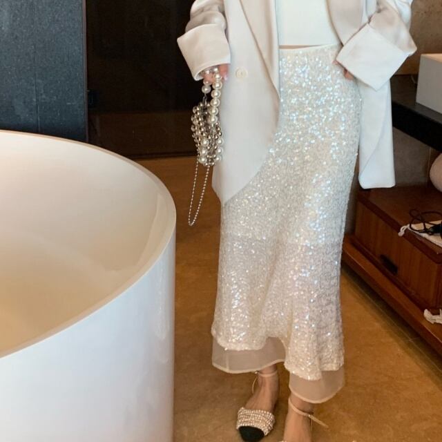 【予約販売】 スカート スパンコール キラキラ ロングスカート レディース フレアホワイト こなれ感 大人可愛い シンプル おしゃれ 韓国 パーティー デート トレンド S/M/L