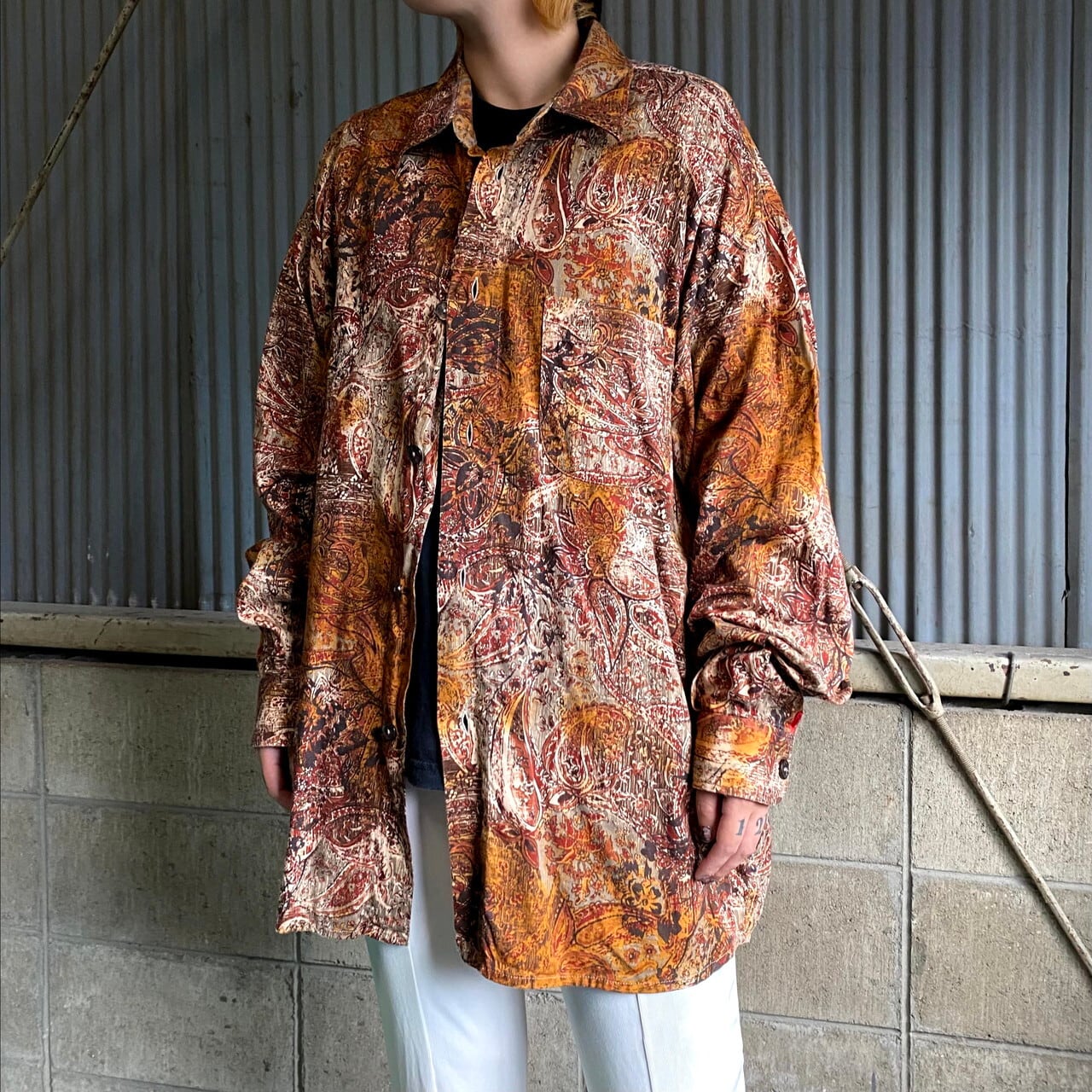 Signum ユーロブランド コットン ペイズリー柄 ボタニカル柄 長袖 総柄シャツ メンズxl相当 古着 オレンジ レッド 赤色 長袖シャツ Cave 古着屋 公式 古着通販サイト