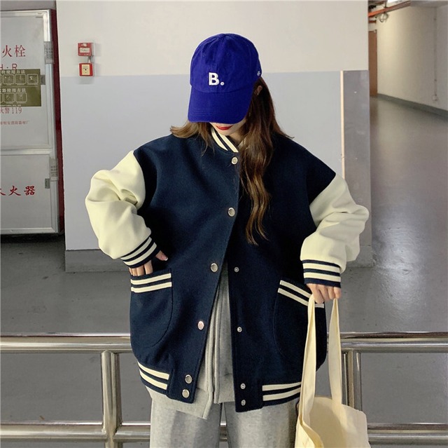 アウター レディース カジュアル 春 21 春物 新作 スタジャン ベースボールジャケット オーバーサイズ ビッグシルエット ルーズ ラフ スポカジ スポーティー トレンド 韓国 ストリート レトロ 春服 春コーデ 春アウター ネイビー ピンク レッド お出かけ デート