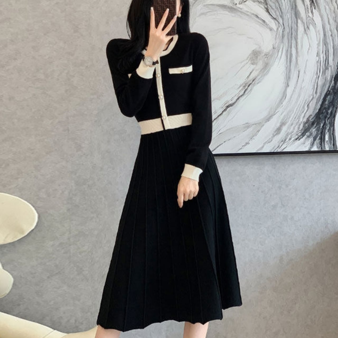 ボタンフロント ミモレ丈 長袖 ニットワンピース 1col 00030