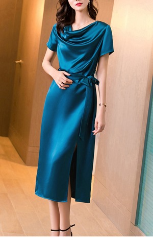 送料無料 未使用 発表会 結婚式 二次会 つるつる サテン ワンピ－ス L [OPN2231]