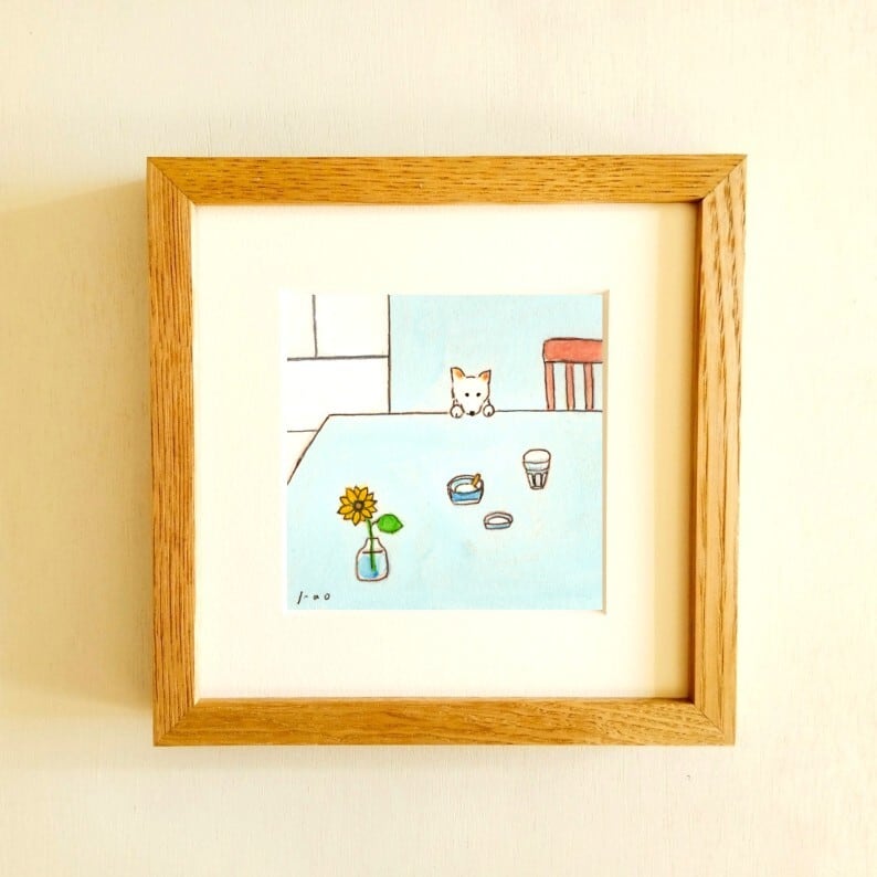 神田森莉 手描きイラスト 原画 額縁入り『くまちゃんとゲスいバッタものたち』 原画・イラスト】「バニラアイス」 ※木製額縁入り（18㎝角）犬の絵