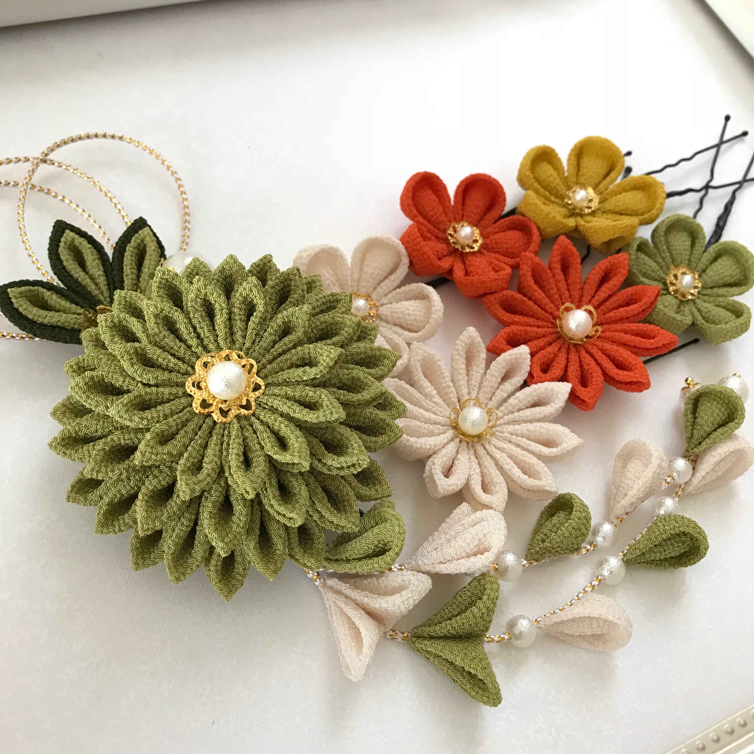 緑系(ひわ)＊柿色＊くちなし❁着物・振袖 髪飾り【つまみ細工】結婚式  