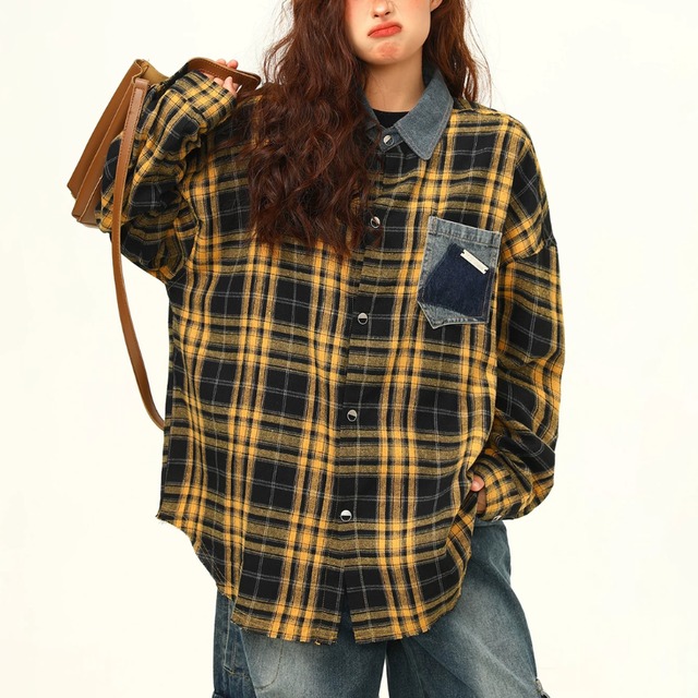 yellow check denim point shirt　イエローチェック柄デニムポイントシャツ　J2173