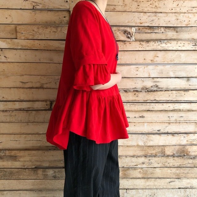 Topanga Lady's　バッククロスボリュームフリルブラウス　レッド