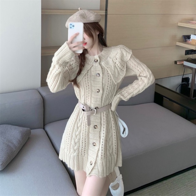 オータムウィンターカラーセーター ニットカーディガンジャケット ベルト ロング 秋物 冬物 ハーネス YY-ファッション9268670550