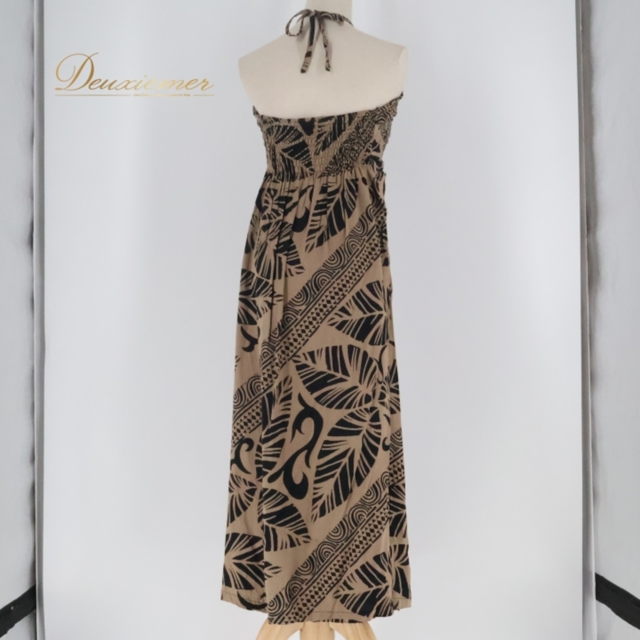 フラダンス 衣装 ワンピース ドレス ブラウン系 PUKANA ハワイアンプリント ボタニカル 幾何学模様 ブラック系 茶 黒 ハワイアン アロハ フラ ダンス レッスン 練習 リボン 大人っぽい かっこいい おしゃれ 上品 かわいい フェスティバル