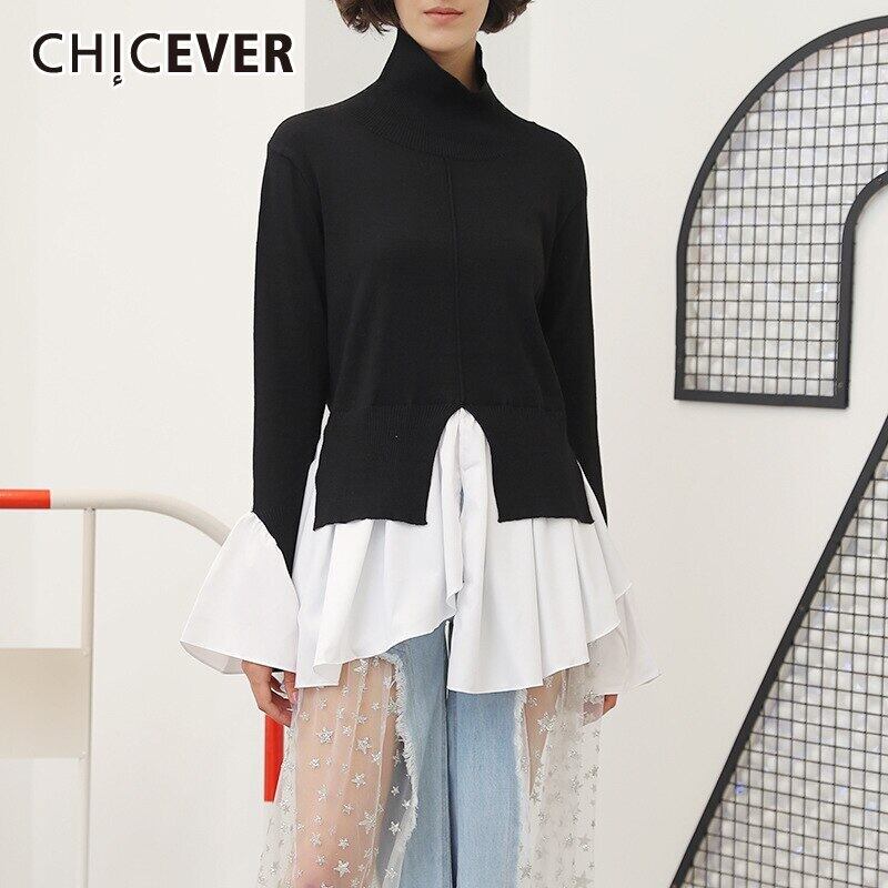 CHICEVER特大セーター女性タートルネックフレア長袖パッチワークサイドスプリットニットプルオーバー2021秋 ロング オータム 秋物 6base519225511674