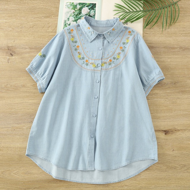 フローラル刺繍装飾デニムシャツ 1211