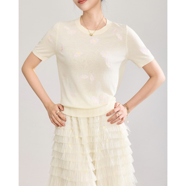Floral Embroidery Short Sleeve Knit Top 2Colors 2604002