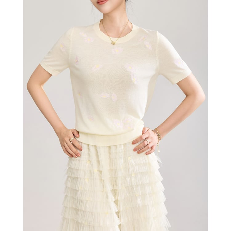 Floral Embroidery Short Sleeve Knit Top 2Colors 2604002