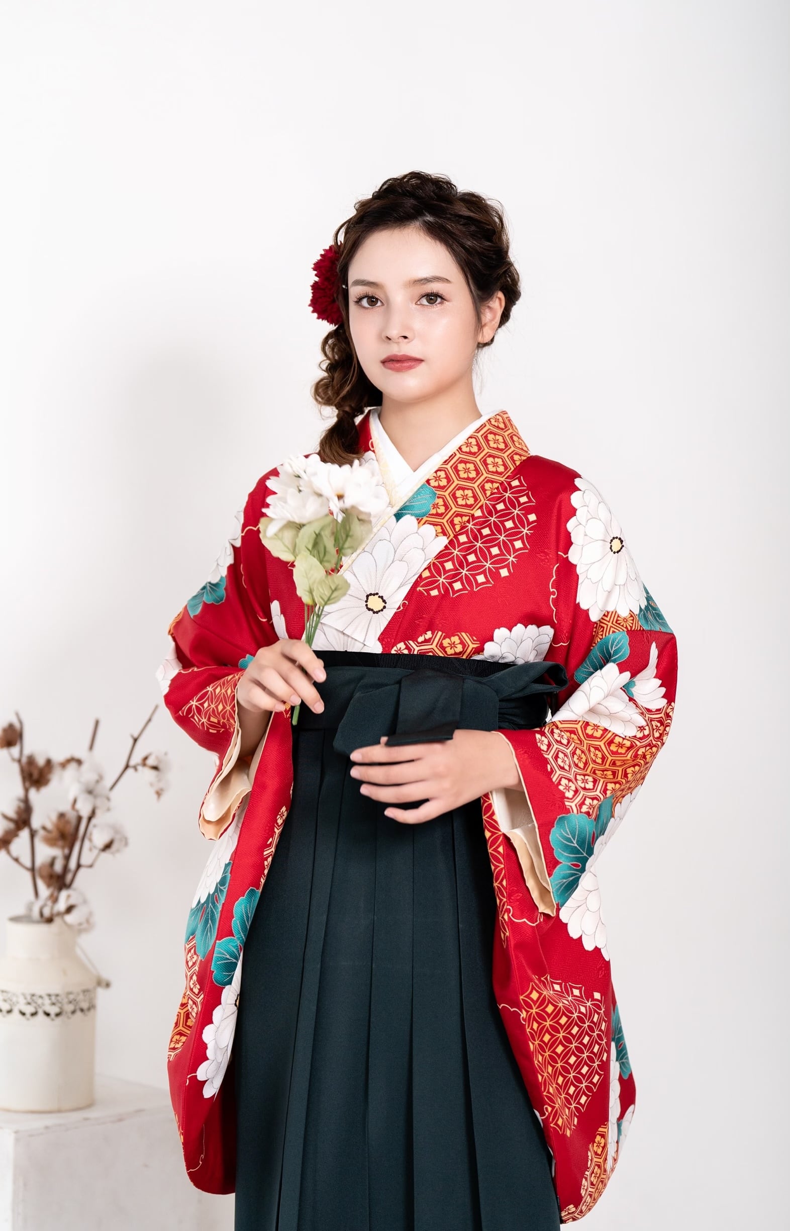 Kimono Sienne 卒業式袴3点セット 赤に白の菊 二尺袖着物 袴 濃緑 卒業