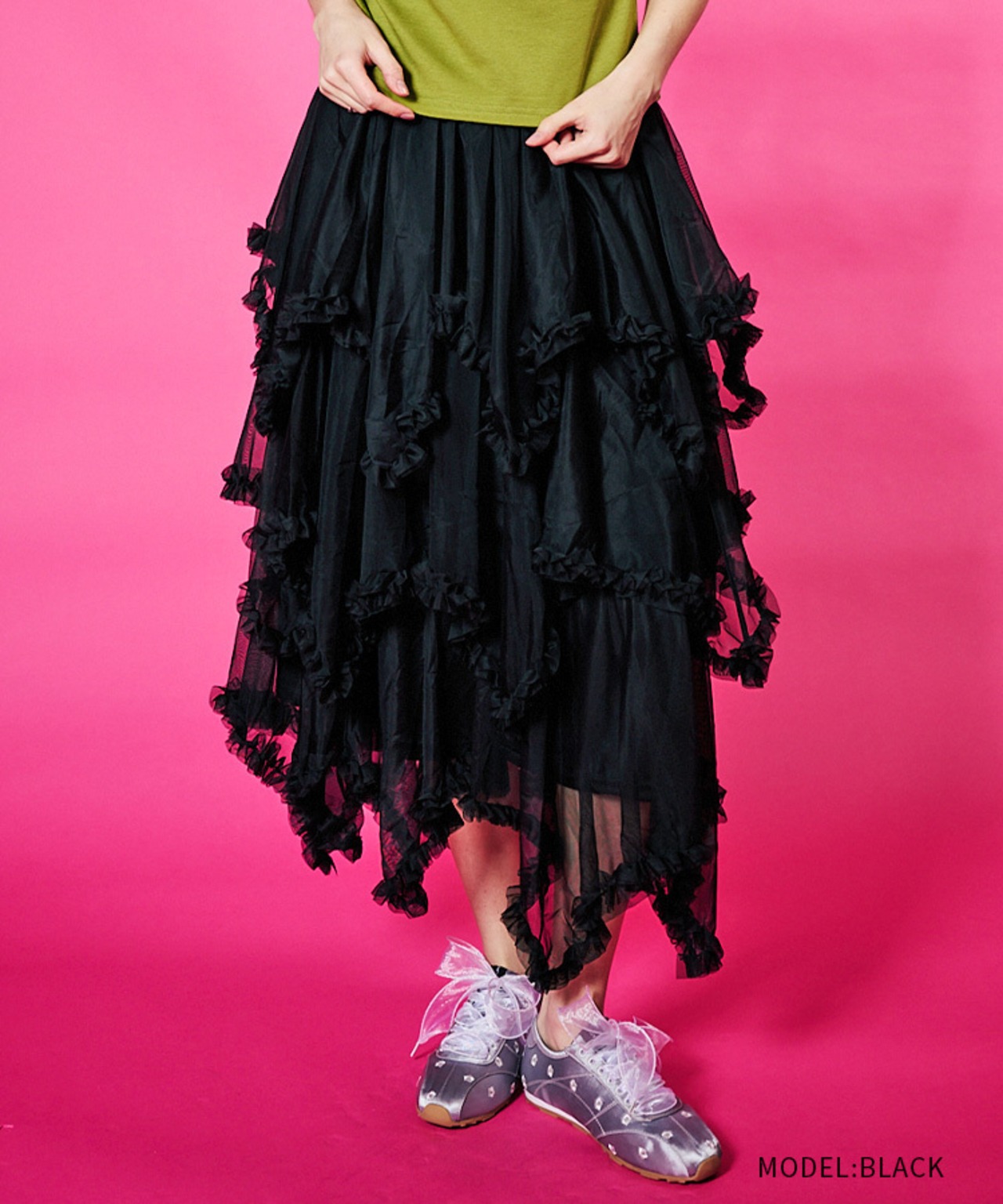 シフォンイレギュラーヘムフリルスカート (BLACK)　CQ-48128