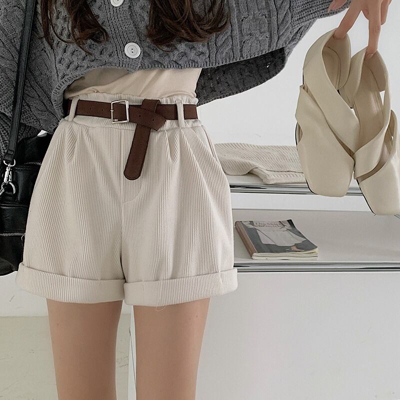 コーデュロイショーツ パンツ ハイウェストウェストルーズカジュアル ウィンター 冬物 ブルマー ブラックストロベリース15442454012