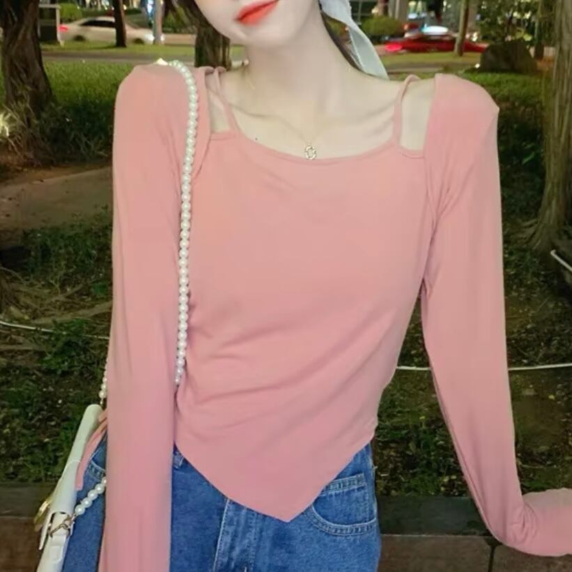 レイヤー風シャーリングロングTシャツ