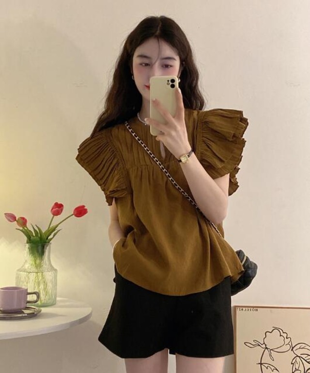 新作 レディース トップス シャツ フレア ロースリーブ 透かし