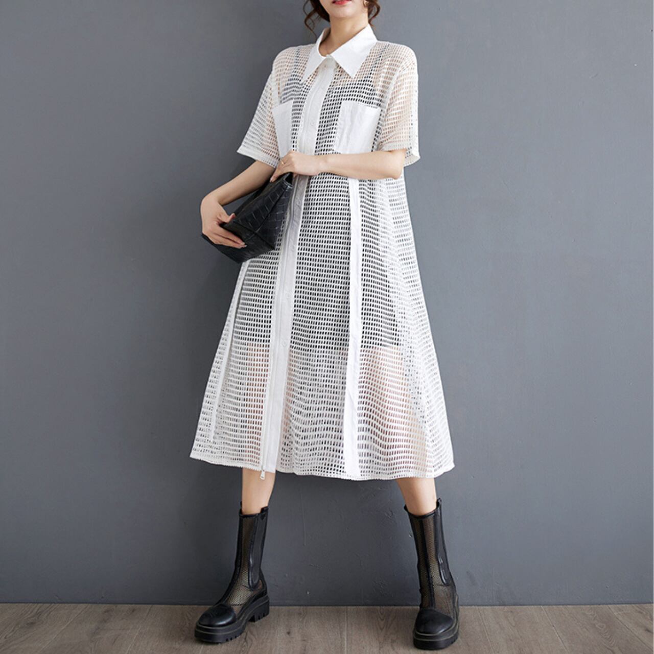 Mesh Material A-Line Front Button Shirt Dress 00134