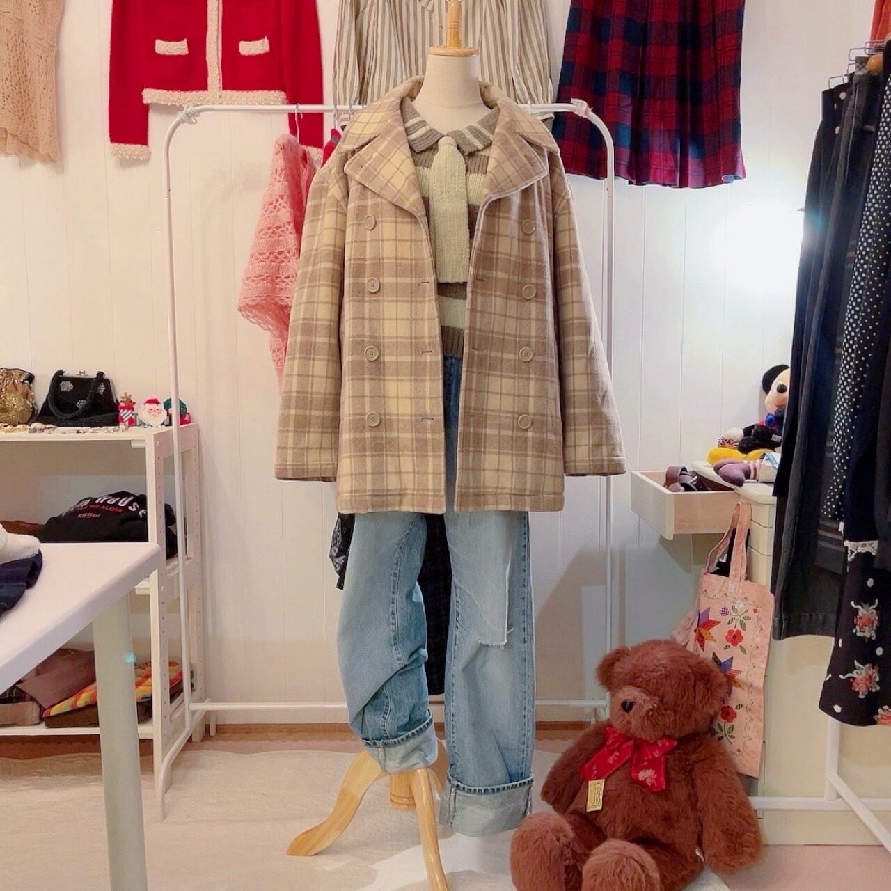 cream check big pea coat