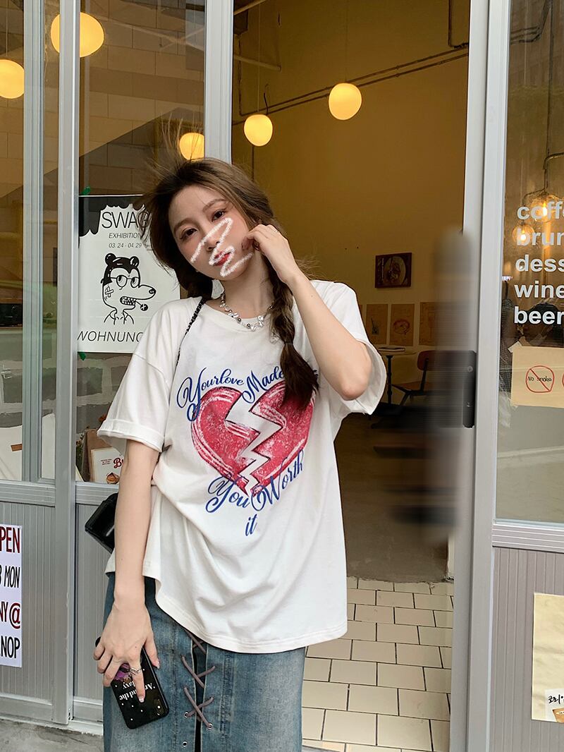 プリント柄Tシャツ サマーカジュアルルーズホワイトトップス 夏物 クレセントシティ75186255238