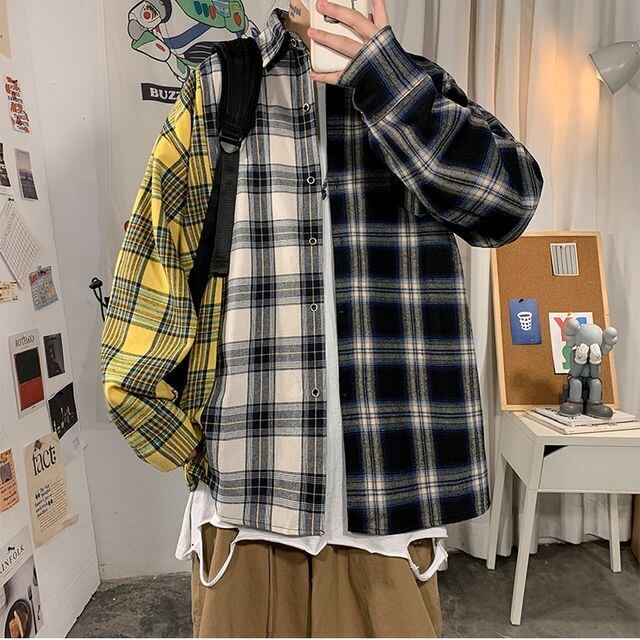 【予約販売】シャツ 長袖 メンズ チェック柄 ネルシャツ オーバーサイズ レトロ イエロー レッド カジュアル シンプル こなれ感 お洒落 韓国 トレンド 春 夏 秋 M/L/XL/2XL/3XL/4XL/5XL