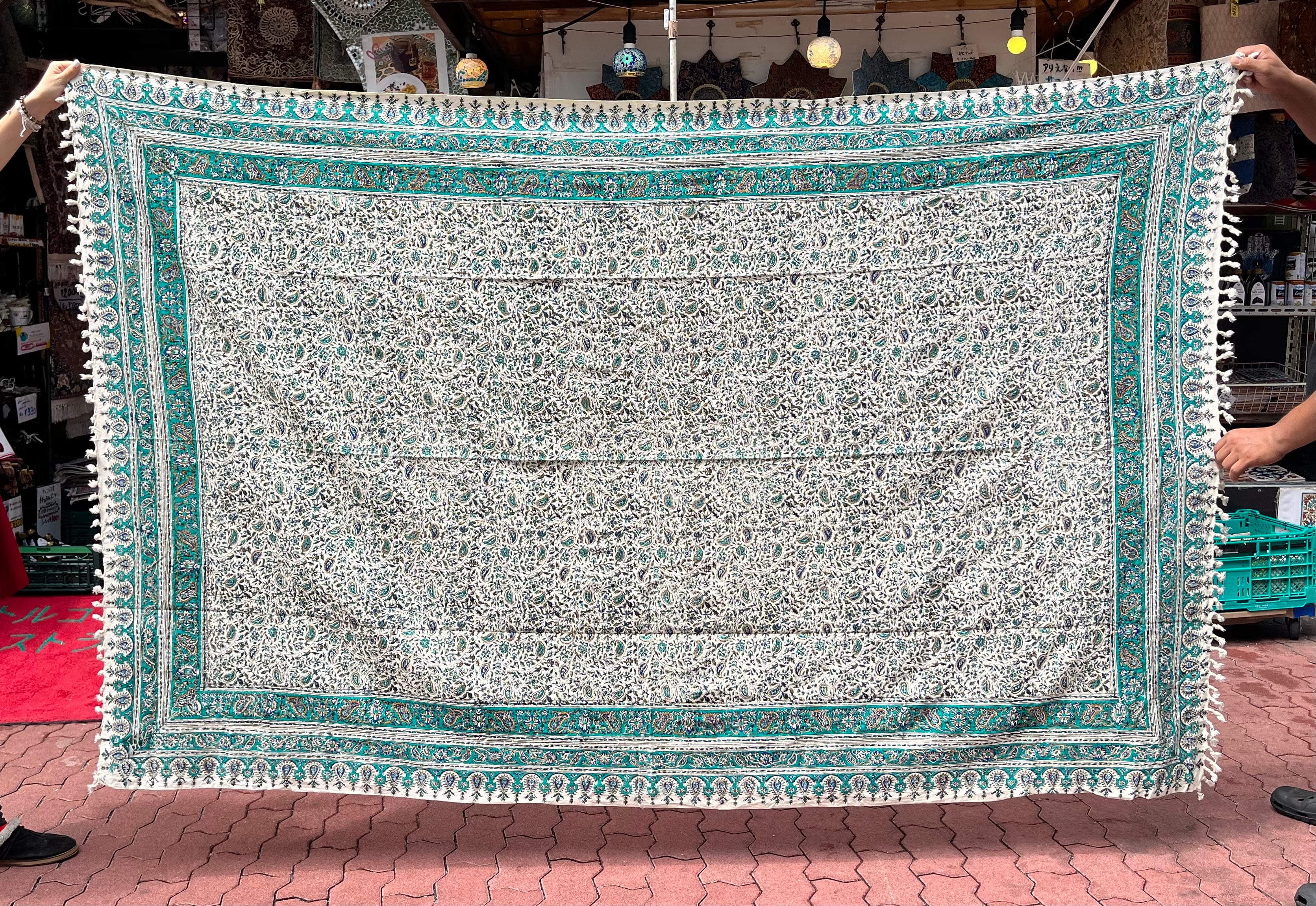 天然素材の手作り☆中東の伝統綿布・さらさ【160cmx240cm】ターコイズ