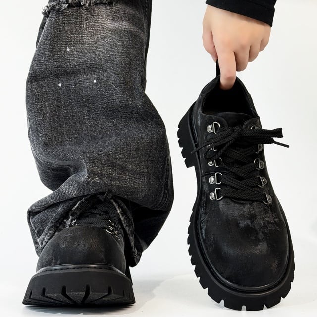 【予約販売】 ローファー メンズ マット ヴィンテージ風 レースアップ ゴツ底 厚底 ペイント 靴 ブラック 黒 お洒落 韓国 トレンド カジュアル 24cm/24.5cm/25cm/25.5cm/26cm/26.5cm/27cm