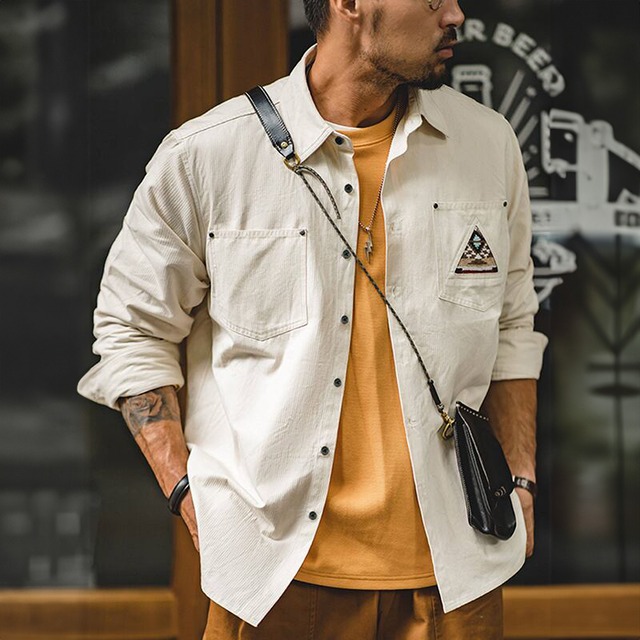 Native American pattern patch herringbone twill work shirt 00567