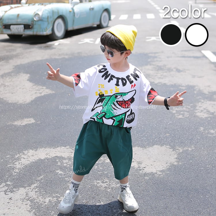 1 160 2点セット トップス パンツ 半袖 全２色 イラストサメ 韓国子供服 子供服 女の子 男の子 Q Toworld キュートワールド 子供服