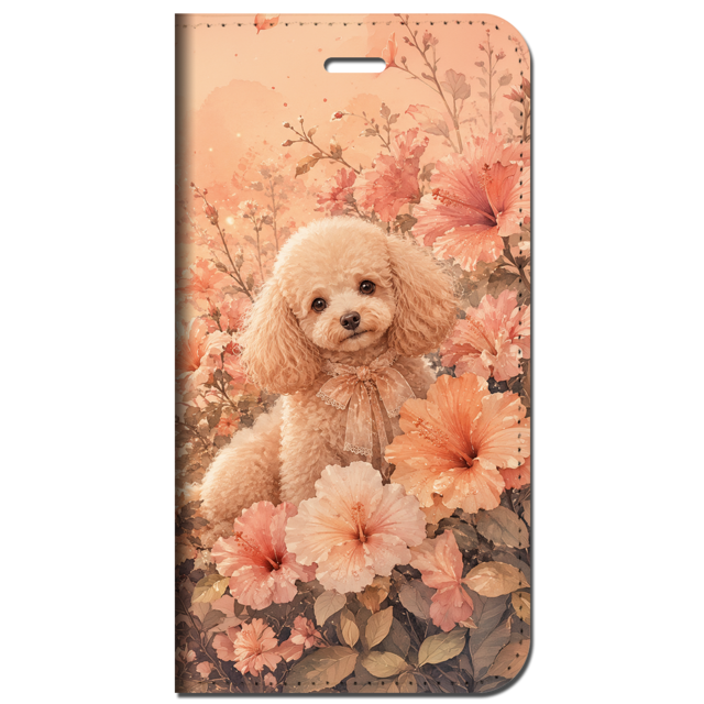 iPhone対応 スマホ 手帳型ケース 夏 ハイビスカス トイプードル 犬 シアー フルブルーム くすみカラー 水彩 華やか 癒やし  満開花畑 犬 ボタニカル コーラル テラコッタ スプラッシュ 大人可愛い スマホケース スタンド 【iPhone17 / iPhone16e / iPhone16 他 iPhone各機種対応】 |ianusl14