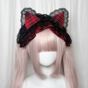 ♡【全3色】サブカル系 チェック柄＆ブラックフリル 猫耳ヘッドドレス red ♡