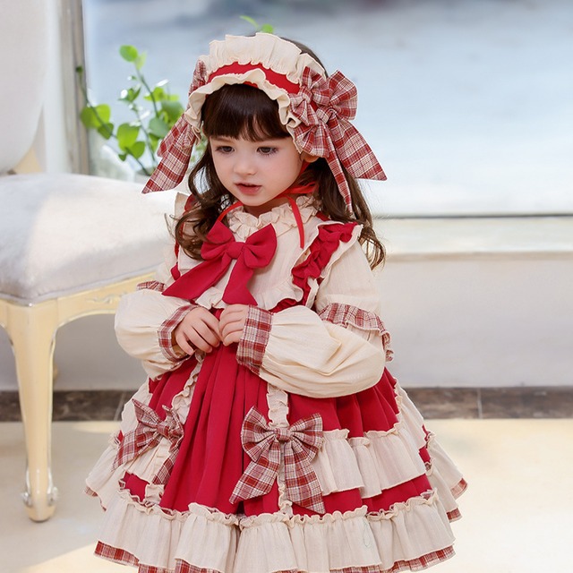 即納品 100cm 髪飾り付ワンピース ロリータ服 子供ロリータ ワンピース 女の子 キッズ ロリータ 服 子供ワンピース 長袖 スカラップドレス 可愛い リボン コスプレ衣装 ハロウィン衣 韓国のプチプラレディース 子供服ショップ Sourire