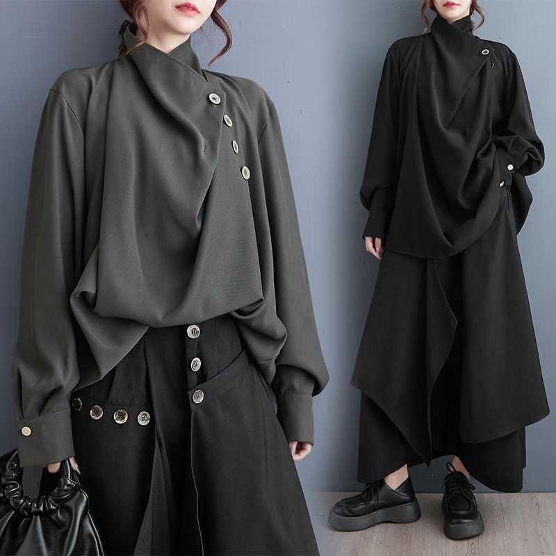 SOLID COSSACK COLLAR OVERSIZED PULLOVER DESIGN SHIRT 2colors M-16064
