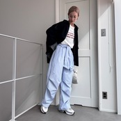 ウエスト巻きデザインストライプPT/ブルー