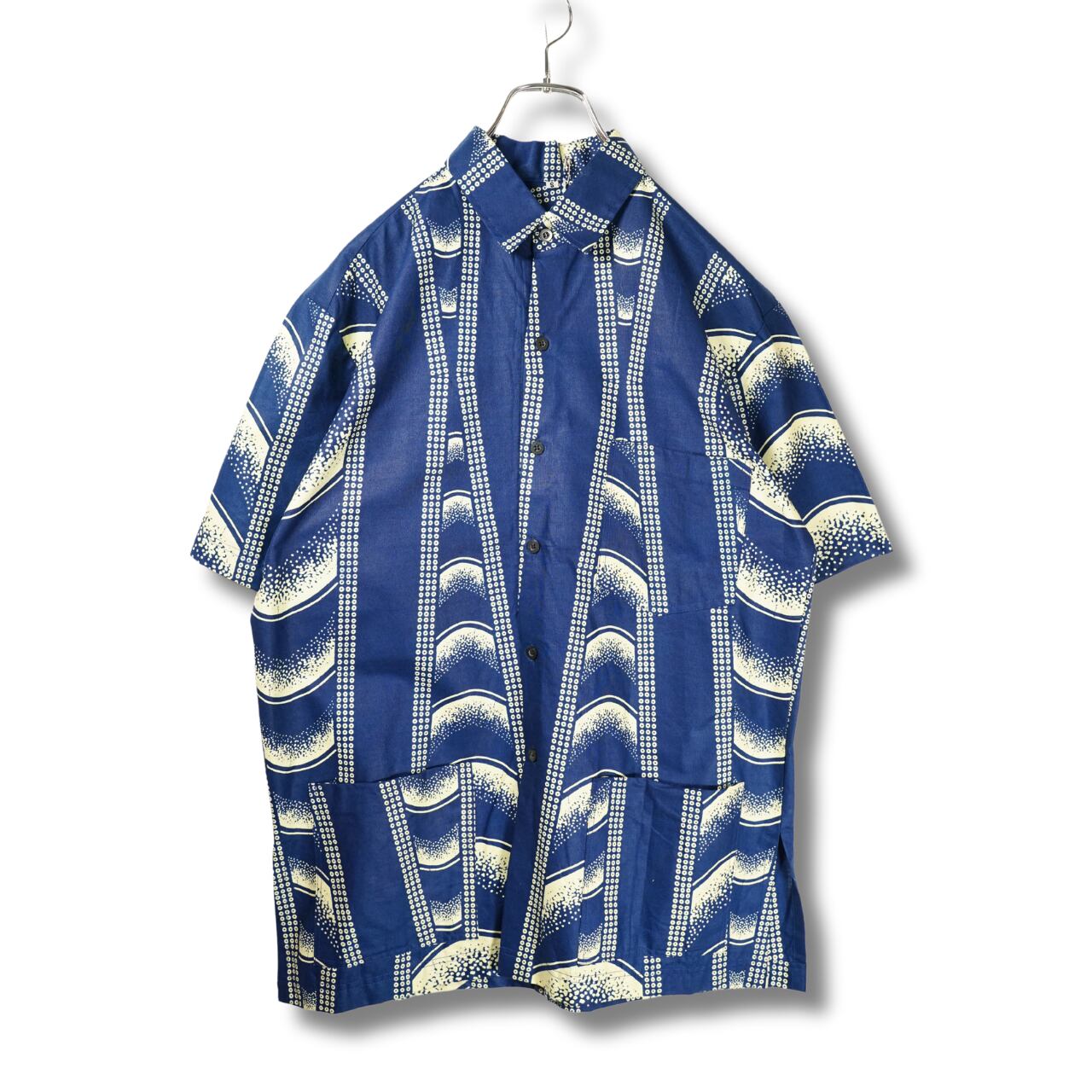 アフリカンバティックシャツ 古着 ブルー 柄シャツ 半袖シャツ PA239
