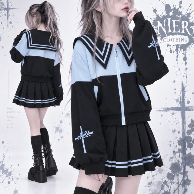 セーラー襟付き配色ZIP OUTER【BLUE×BLACK】