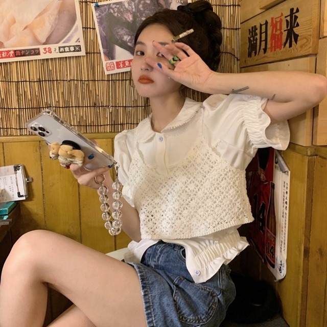 スリーブシャツ トップス サマールーズカラー 大人ガーリー スウィート キュート カジュアル 夏物 モンロー75901327086