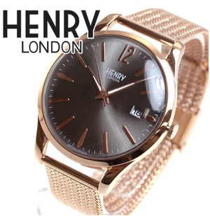 【HENLY LONDON】 ユニセックス腕時計 グレー&ピンクゴールド メッシュバンド
