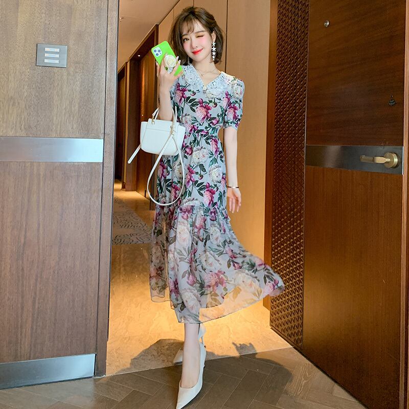 レースカラースタンダードプリント柄ウェストスカート ドレス レトロ MIUCO92148838189