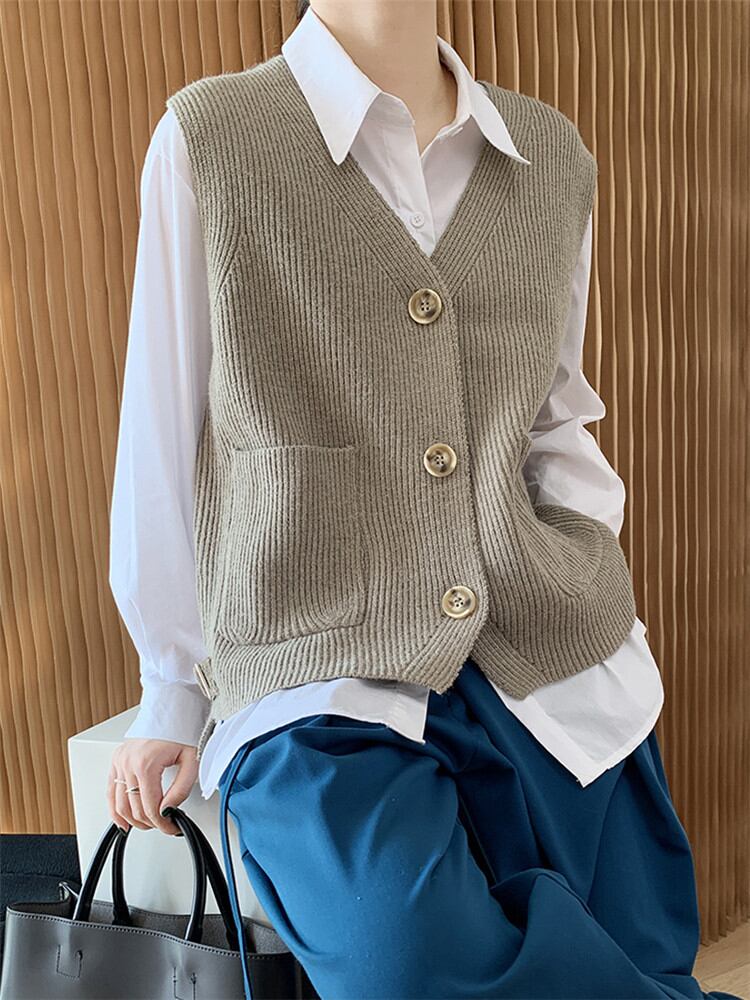 見ていてとても綺麗です ピュアカラー Vネック 袖なし ベスト レディース レトロ ニット ゆったりする
