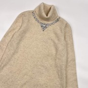 新品 タグ付き Leilian レリアン ラメ ビジュー タートルネック リブ編み 長袖 ウール ニット セーター 9/アイボリー 系 レディース