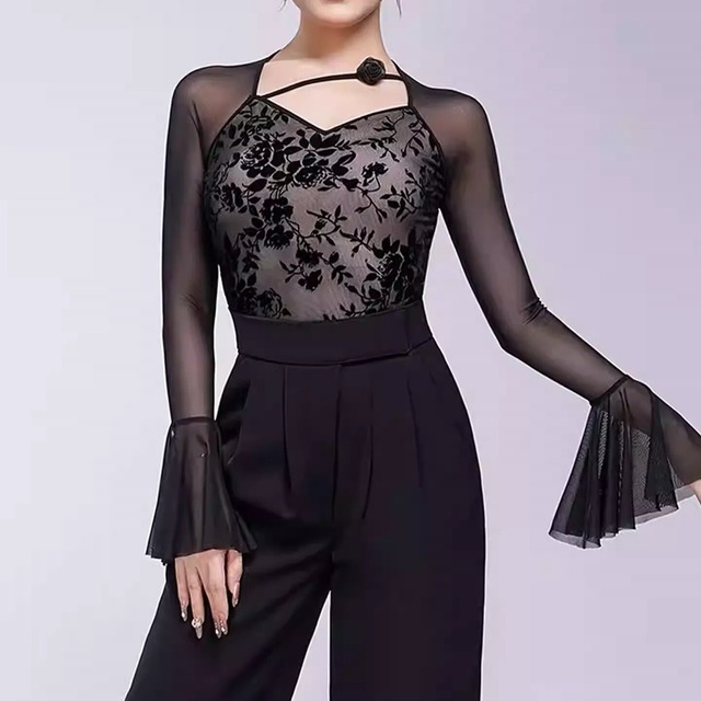 フラワープリント ロングスリーブ フレアスリーブ（ レオタードタイプ）  ds1445