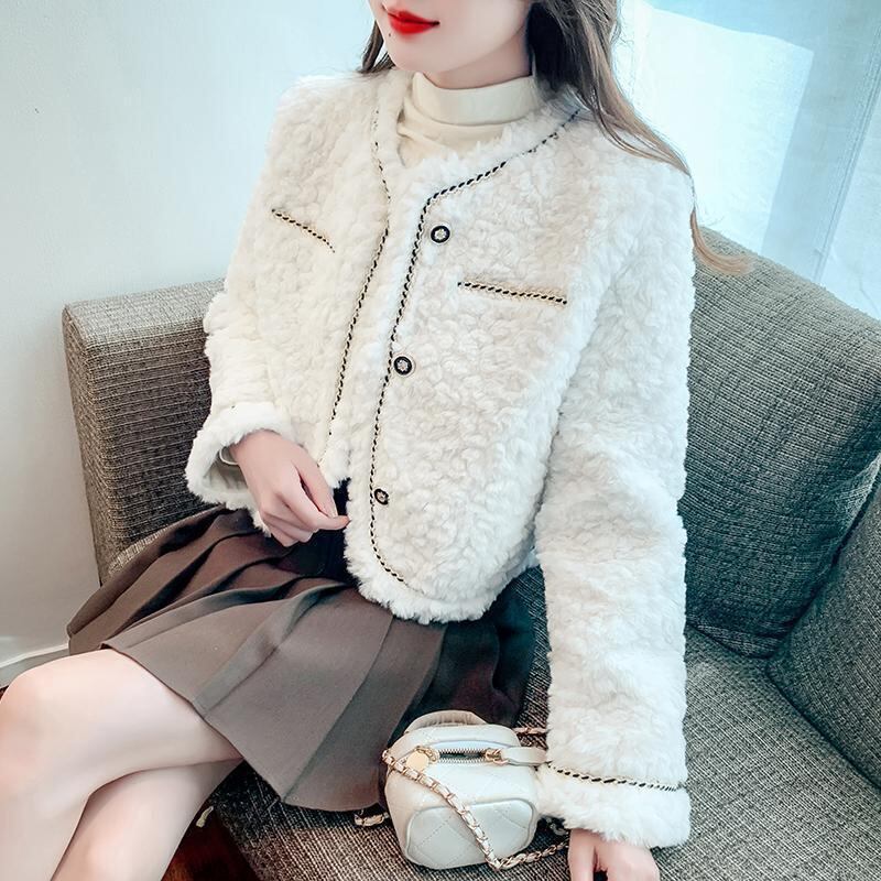 ショート ファー ノーカラー ステッチ ジャケット
