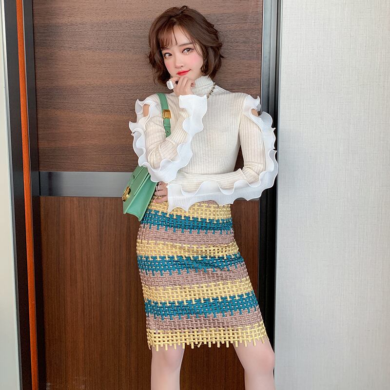 プリーツニットセーター オータムウィンター 秋物 冬物 オフショルダー MIUCO2086962189