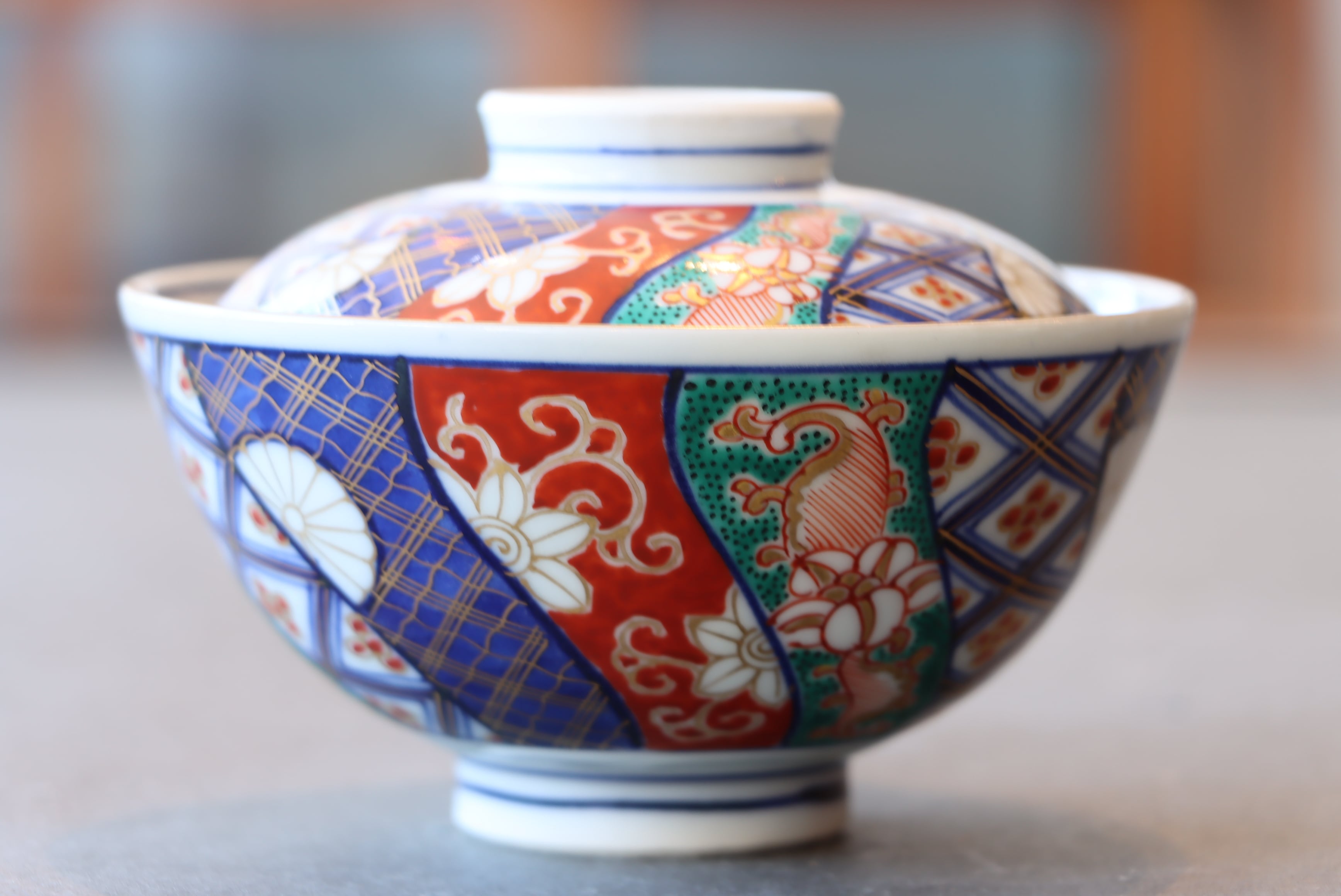 大聖寺伊万里 色絵 捻り壽文 蓋茶碗 通りもの/Daisho-ji Imari covered