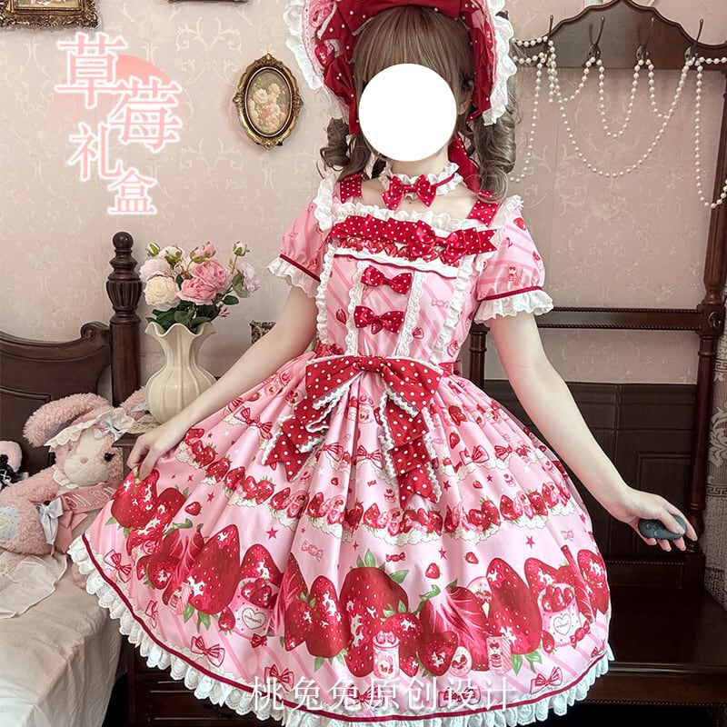 ロリータファッション 甘ロリ 夢かわいいいちご柄姫袖ワンピース