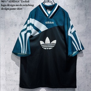 90's"ADIDAS"Trefoil logo design mesh switching design game shirt