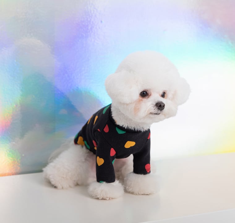 heart crew neck top S ~ 2XL 3color / 犬服 秋冬 新作 可愛い ワンコ服 ストレッチ 犬の服 長袖T シャツ ドッグウェア ハート柄 お揃い ハイネック 小型犬 中型犬 b45