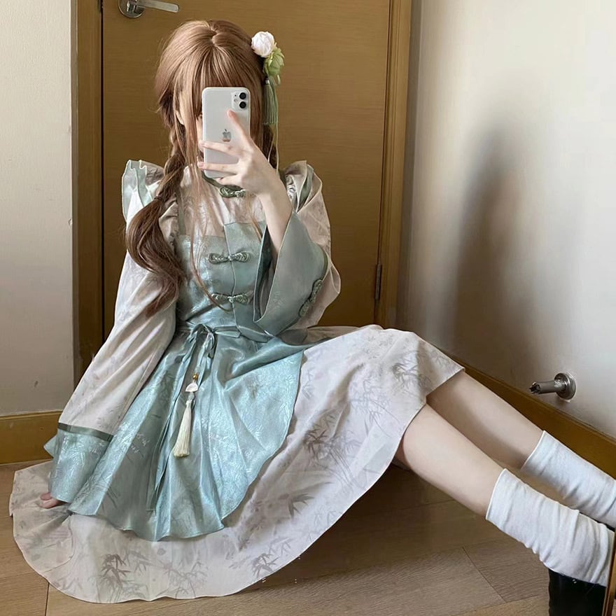ワンピース ノースリーブ フリル ボリューム スタンドネック 中華